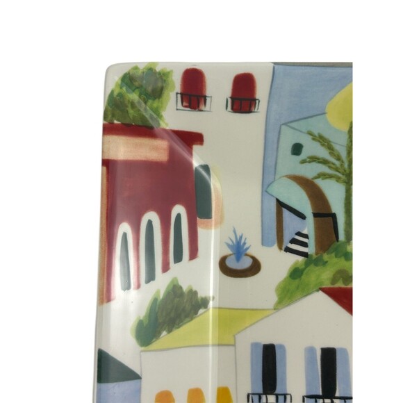 VTG Pier 1 One Villa del Sol Hand-Painted Square Plate Vibrant Village Folk Art - Picture 4 of 15